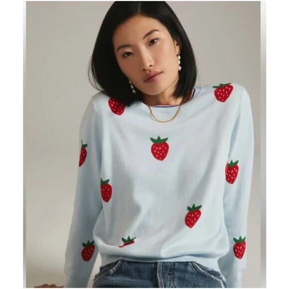 Clare V. Classic Strawberry Sweater Cotton Cashmere Womans Large - Picture 1 of 11